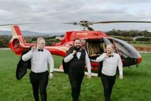 Melbourne wedding planner groom and groomsmen arriving by helicopter at Vines of the Yarra Valley wedding