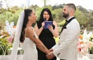 Melbourne marriage celebrant leading ceremony at Royal Botanical Gardens Terrace wedding Gee What a Wedding