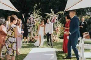 Melbourne marriage celebrant leading outdoor park wedding ceremony for couple Gee What a Wedding