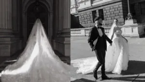Black and white wedding photo diptych by Melbourne wedding planner Gee | What a Wedding | showing a bride in a strapless lace ball gown with a dramatic cathedral train and veil inside a grand architectural hall, alongside a couple holding hands outdoors in front of a classical stone building